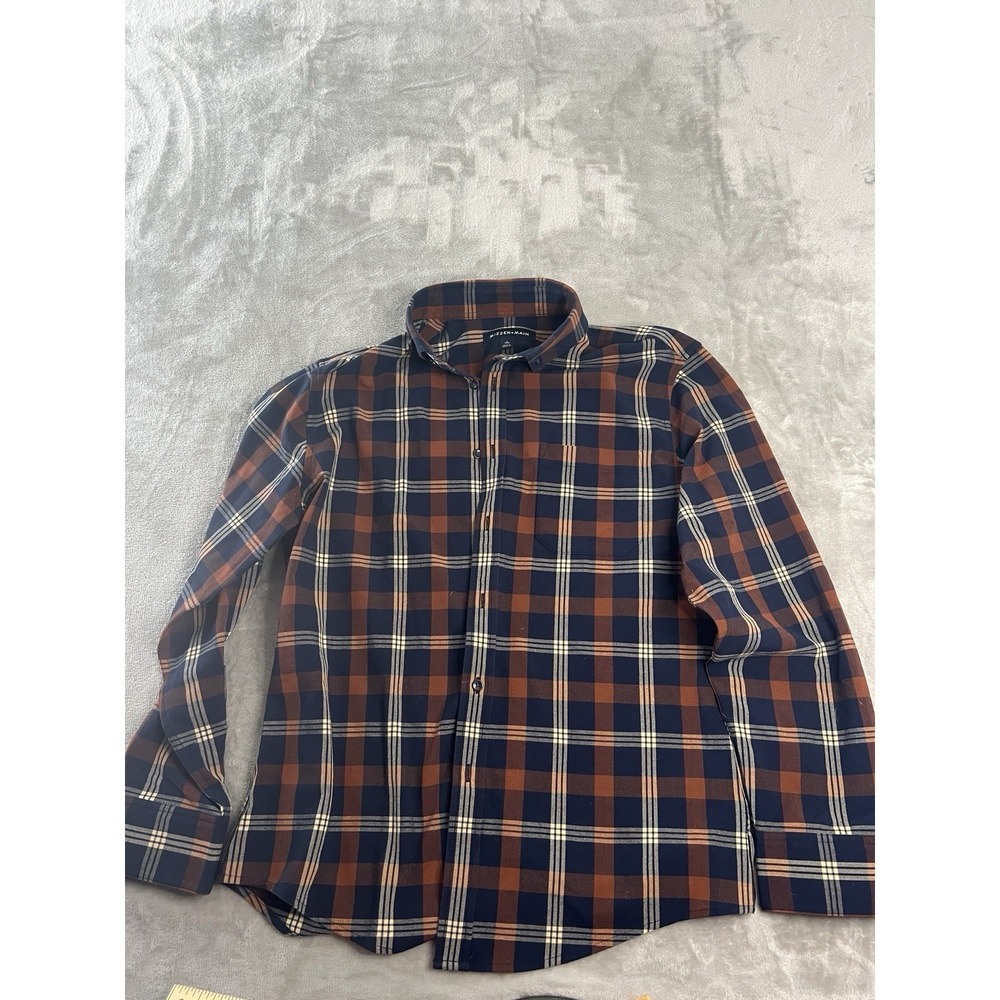 Mizzen+Main Button Up Mens Large Navy Orange Excellent Plaid Trim Fit Shirt